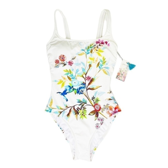 Johnny Was Lei Floral Tank Suit One Piece Swim/Bathing Suit XS White New NWT - Picture 1 of 11